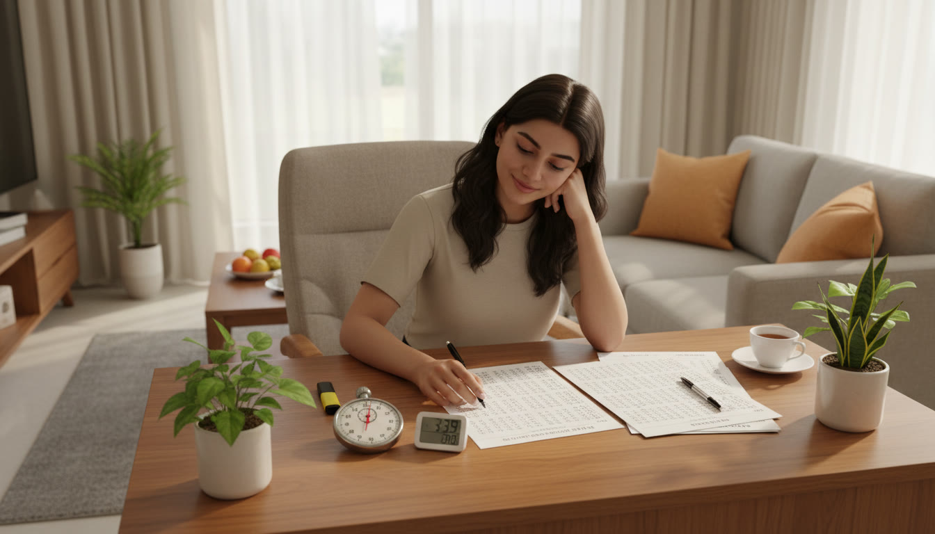 Photo Idea : A student taking a timed mock test with a stopwatch and an OMR-style answer sheet