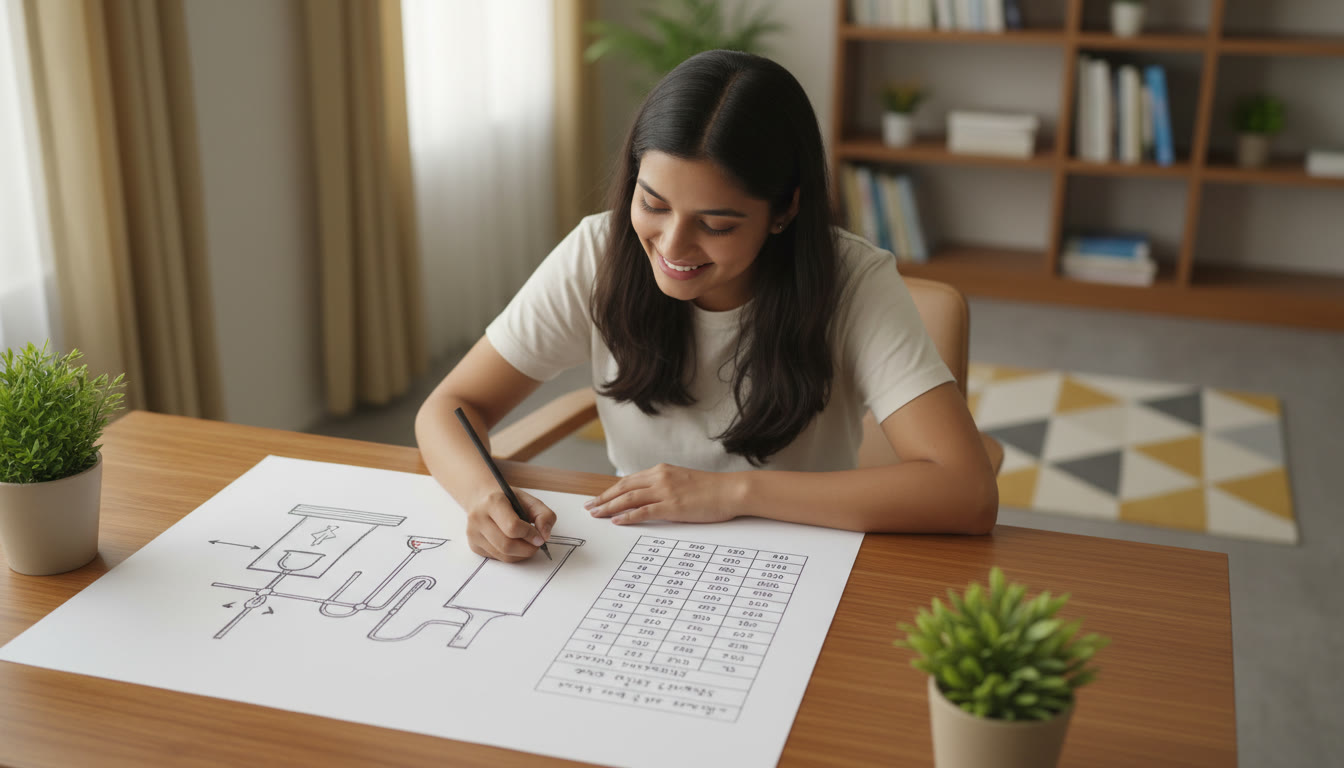 Photo Idea : A student drawing a labelled experimental setup next to a clean data table