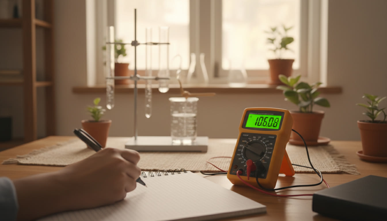 Photo Idea : Close-up of a student’s hand noting readings from a lab instrument with the experiment set-up blurred in the background