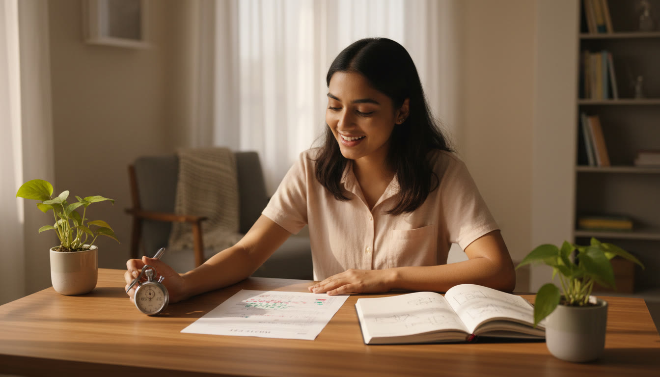 Photo Idea : Student at a desk reviewing a color-coded mock test answer sheet with a stopwatch next to a notebook