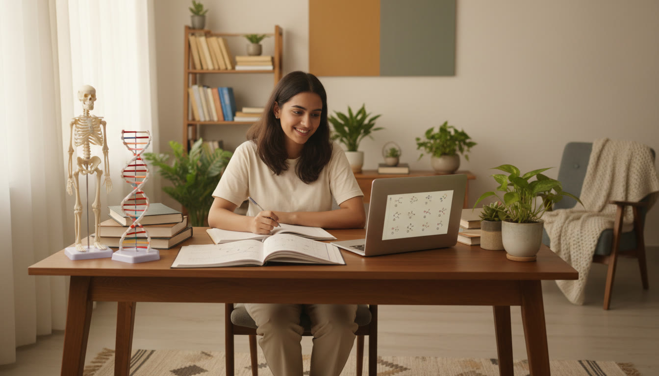 Photo Idea : A focused student at a desk with biology models, physics notes, and a laptop showing practice MCQs