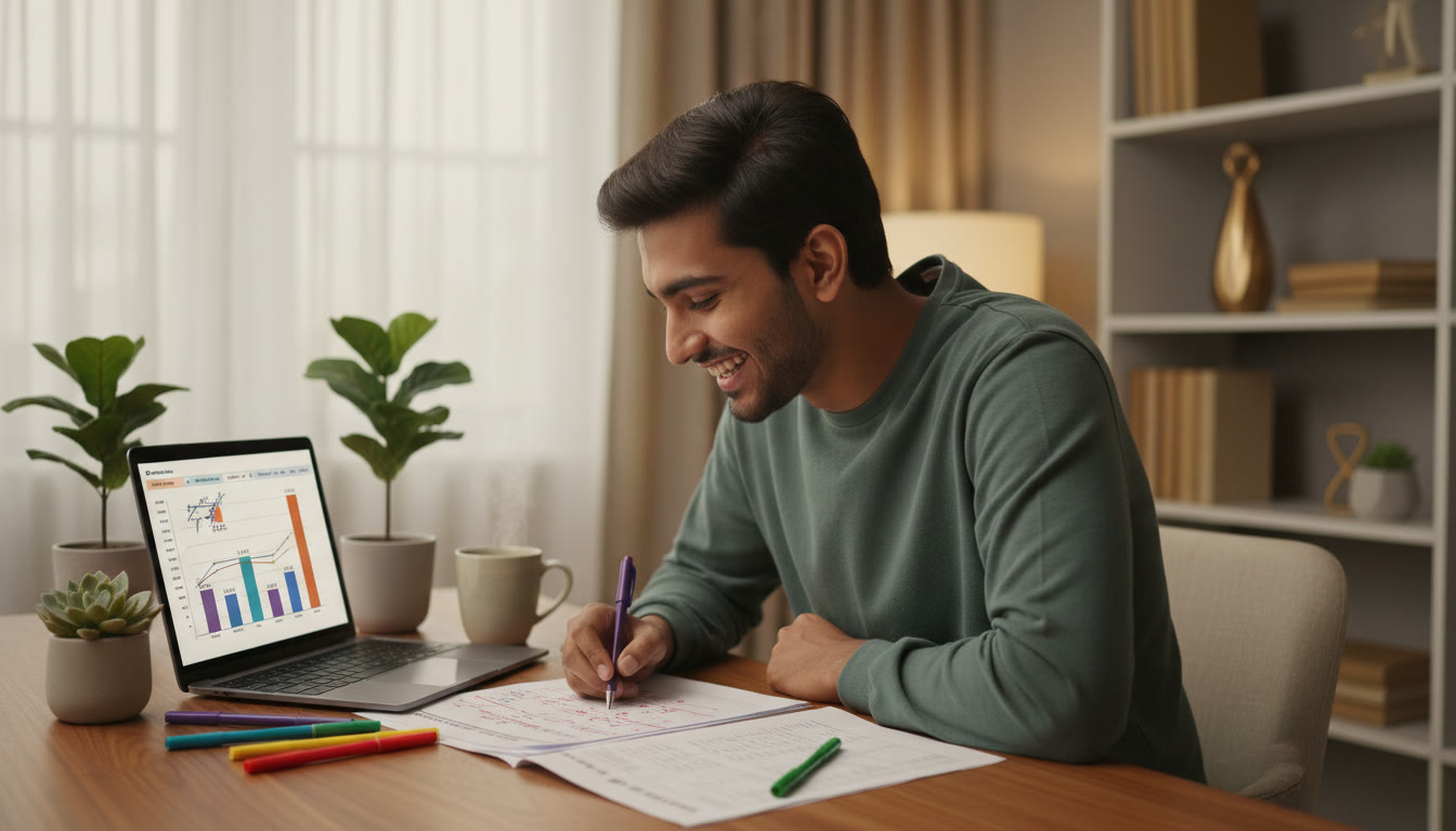 Photo Idea : Student at a study desk reviewing a marked mock paper with colored pens and a laptop open to a score sheet