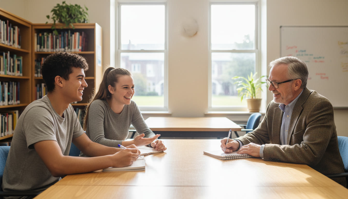Photo Idea : Two students practicing an interview in a quiet library study room with a mentor taking notes