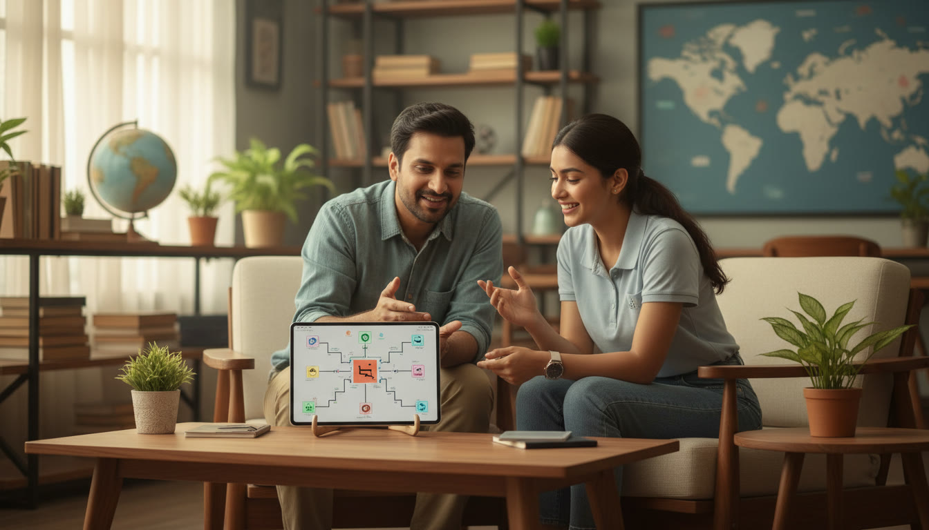Photo Idea : Two people—a mentor and a student—sitting comfortably in a modern, brightly lit study space, looking at a digital tablet with complex mind maps, engaged in an active, smiling discussion.