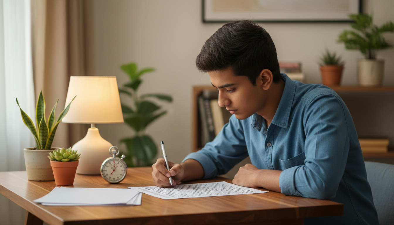 Photo Idea : A mock test setting with a stopwatch, an OMR sheet, and a focused student writing answers