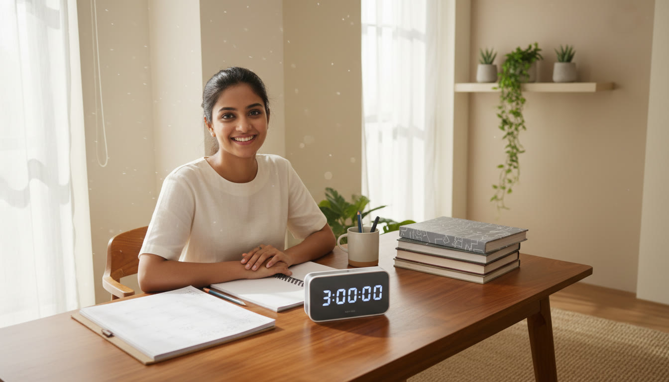Photo Idea : student at a tidy desk with NEET books, a digital 3-hour timer visible and a neat planner open