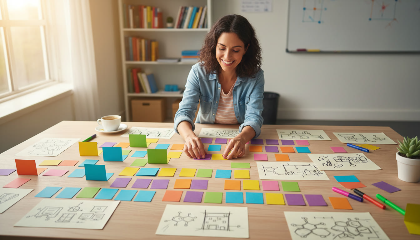 Photo Idea : Student arranging colorful flashcards and labeled sketches on a desk