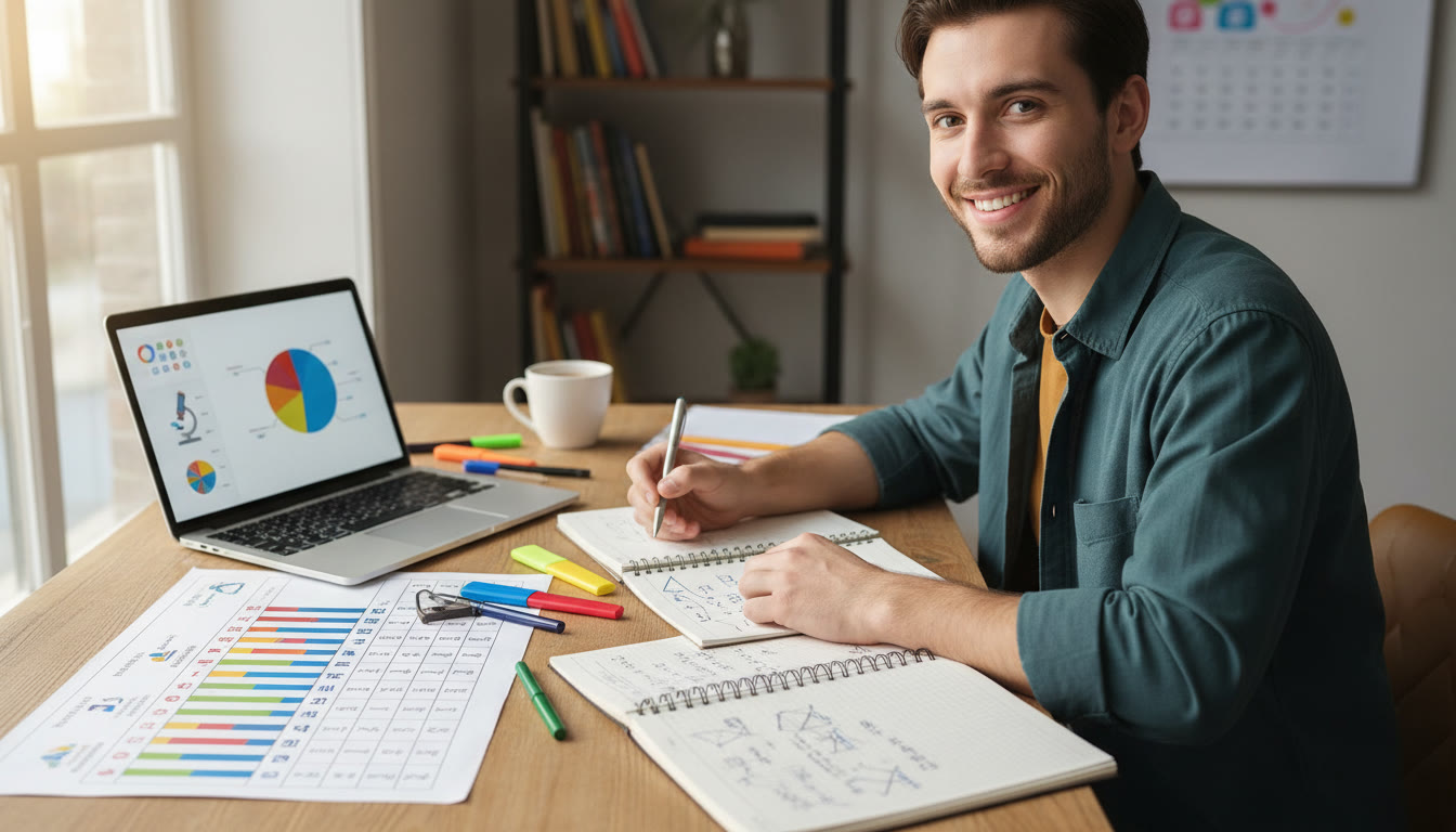Photo Idea : A student at a desk with notebooks and a laptop, comparing a printed table of career options while making notes