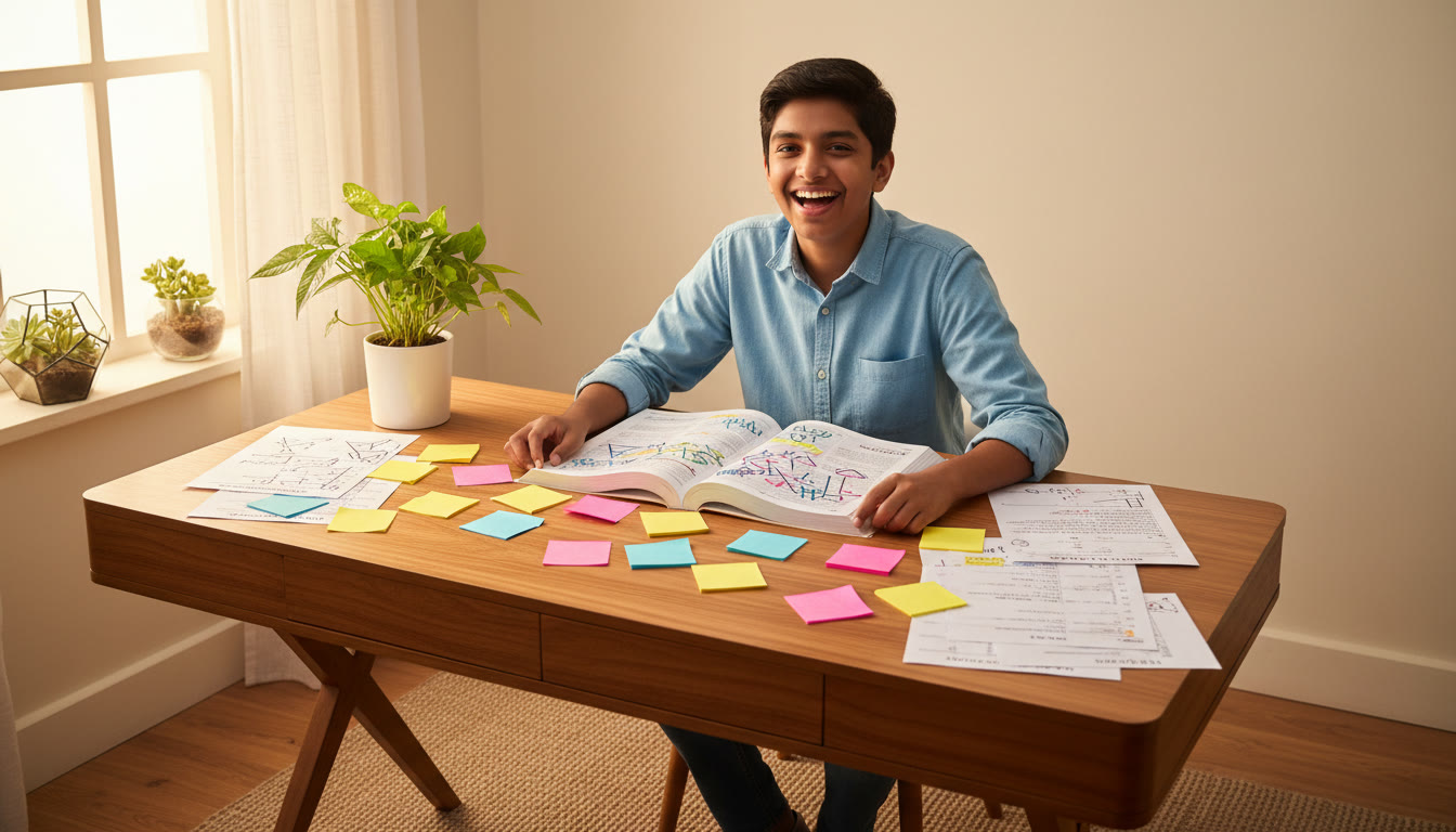 Photo Idea : A student at a study desk with an open NCERT book, sticky notes, and scattered previous-year question sheets.