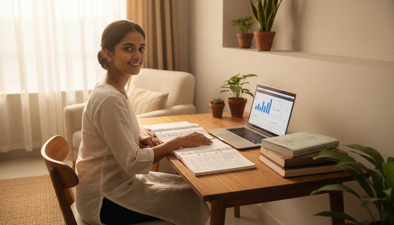 Photo Idea : a focused student at a tidy desk with NEET books, notes, and a laptop open to a mock test