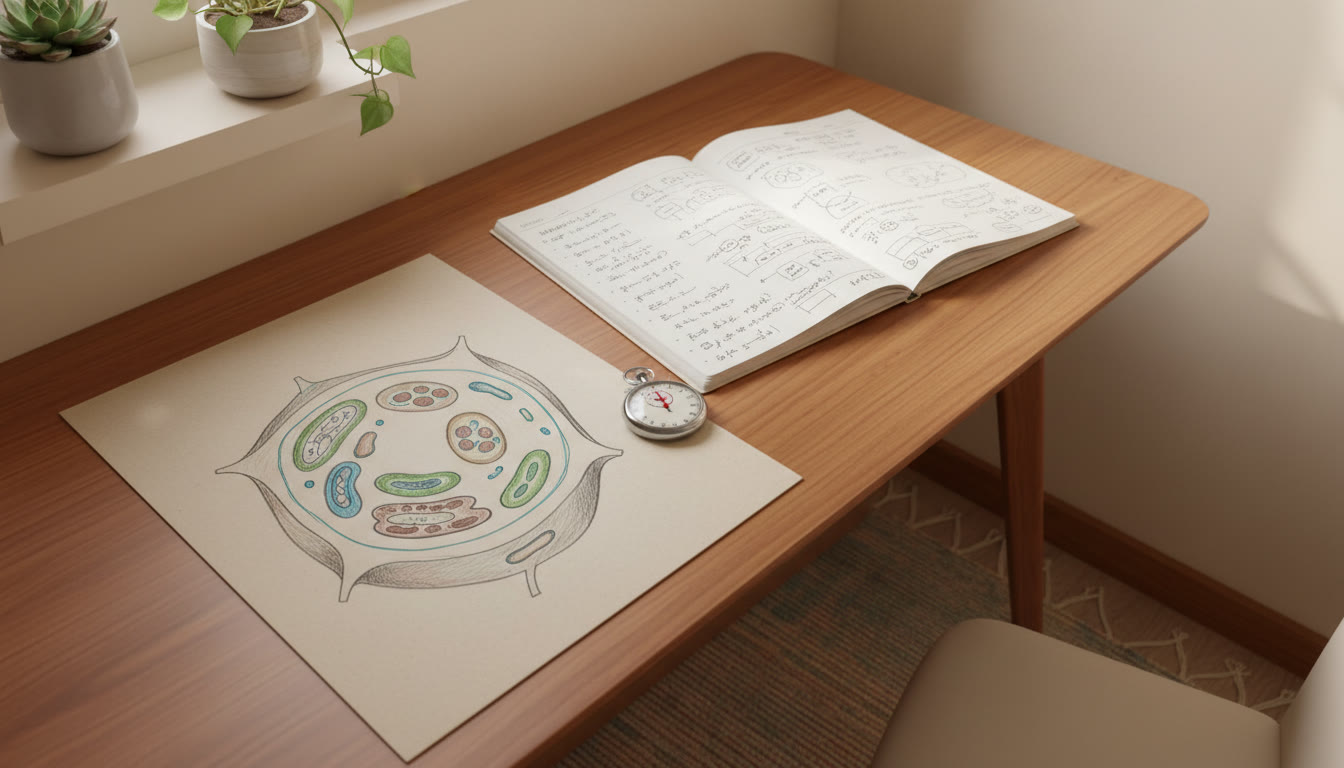 Photo Idea : Neat hand-drawn scientific diagram with labels and a student’s notes beside a stopwatch