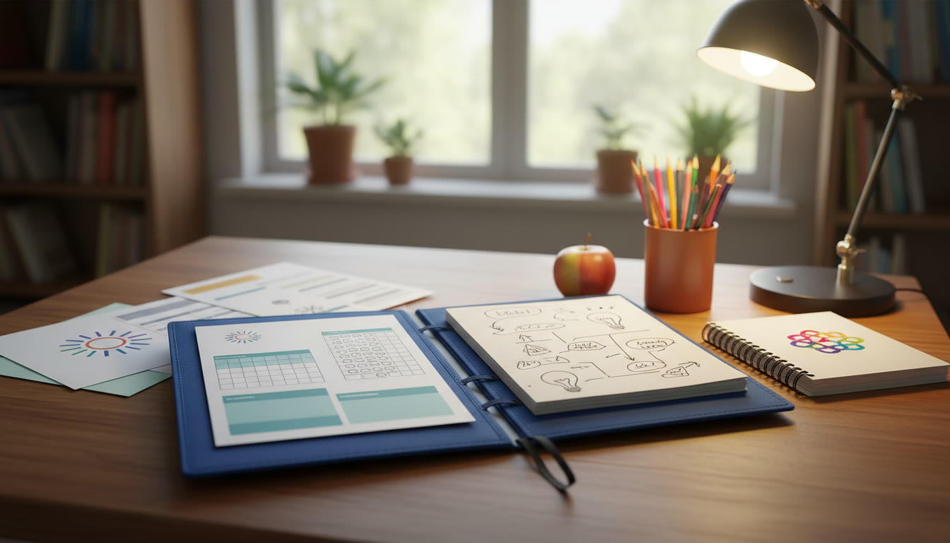 Photo Idea : A neatly organized student portfolio open on a table with lesson plans, attendance lists and reflective notes