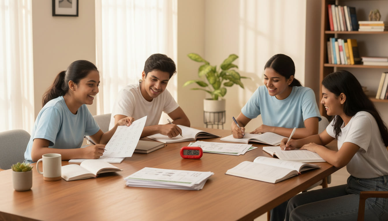 Photo Idea : A small group of students at a study table with a timer, sample paper sheets, and one student ticking off a checklist