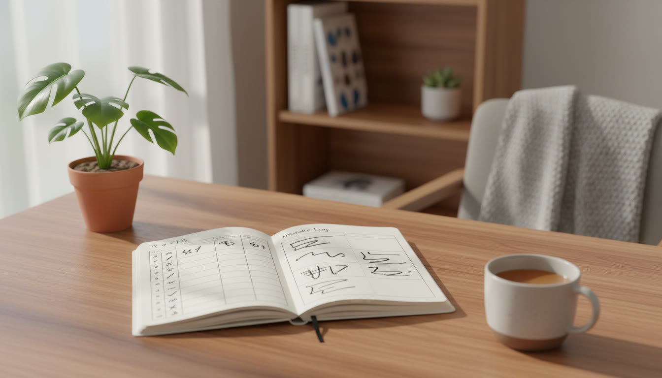 Photo Idea : A small notebook open to a tidy "mistake log" page with dates, problem IDs, and quick corrective notes.
