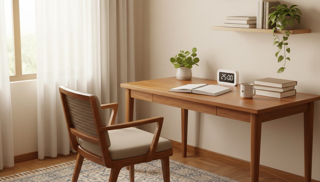 Photo Idea : A calm study corner with textbooks, a notebook, and a timer set for a focused study session