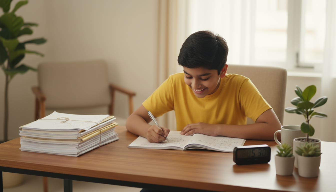 Photo Idea : Focused student solving previous year papers at a desk with a visible timer and neatly stacked notes