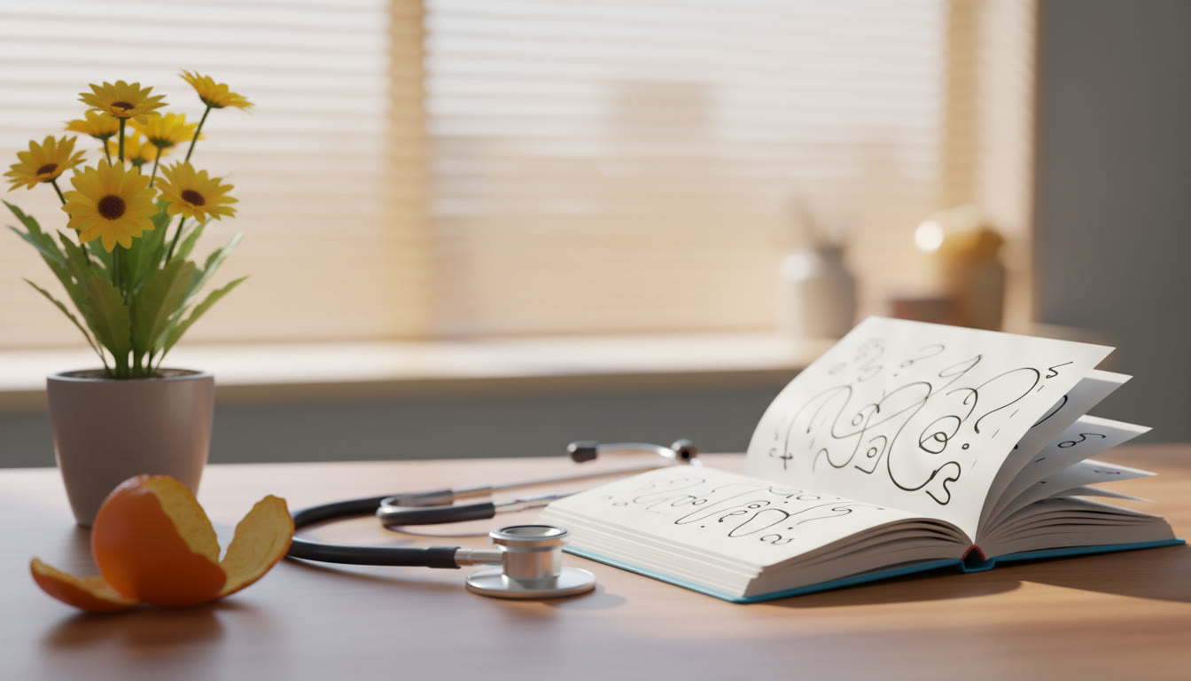 Photo Idea : A small notebook with handwritten questions beside a stethoscope on a clinic desk