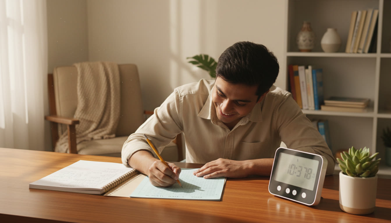 Photo Idea : A student marking answers on an OMR sheet and practicing with a timer beside a notebook