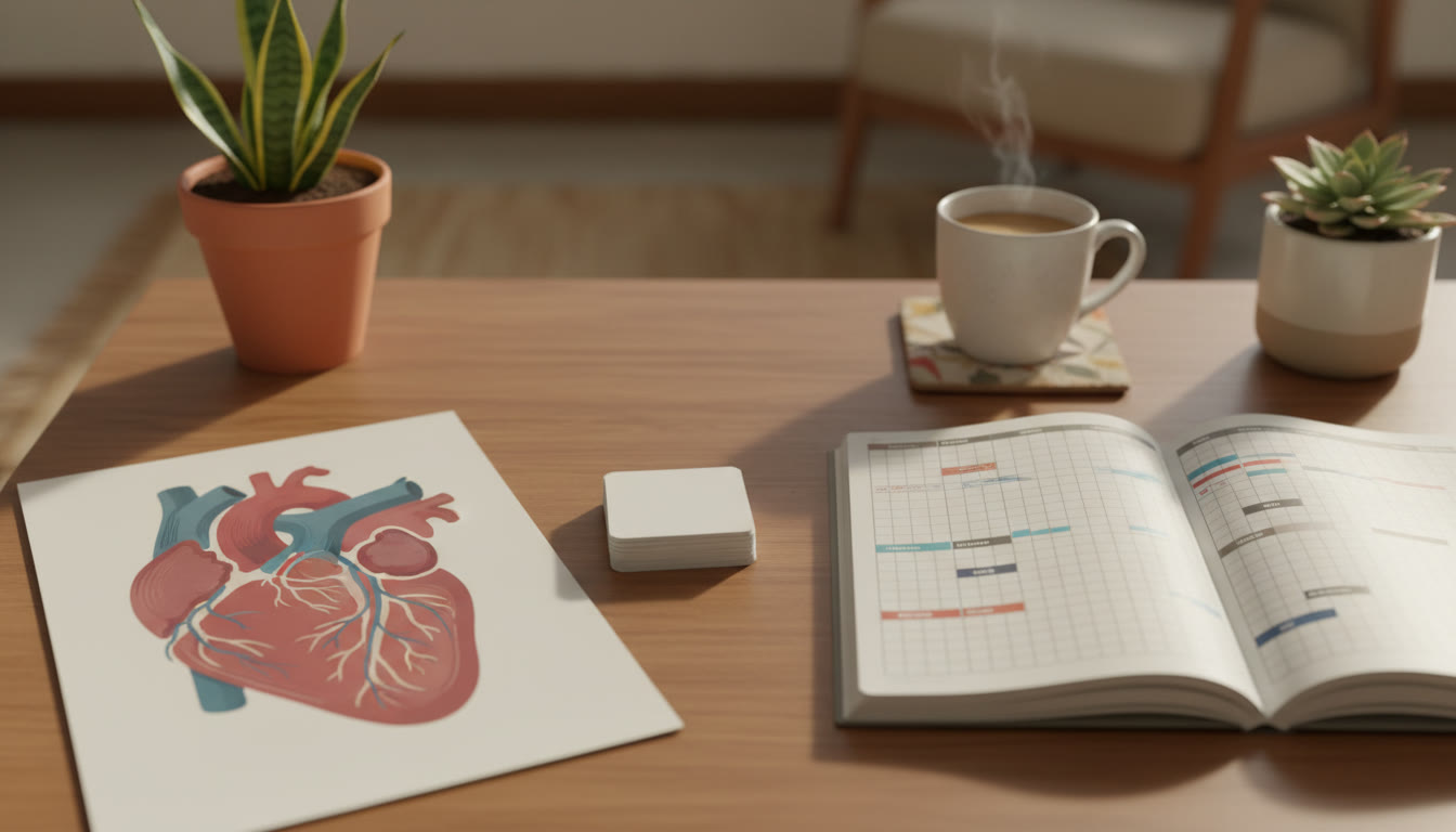 Photo Idea : Close-up of a small stack of flashcards, a labeled heart diagram, and a timetable notebook