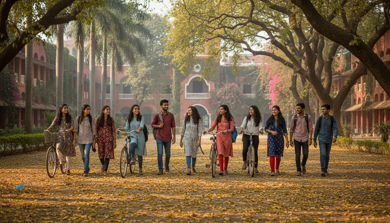 Photo Idea : Students walking across a leafy campus quad with bicycles and hostels in the background