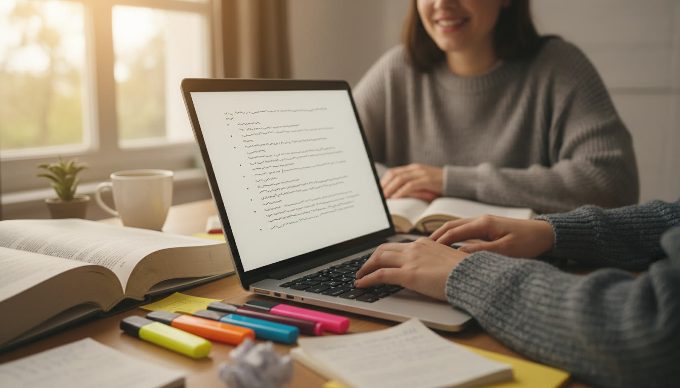 Photo Idea : Close-up of a student typing a structured essay on a laptop with notes, highlighter pens and a legal textbook nearby
