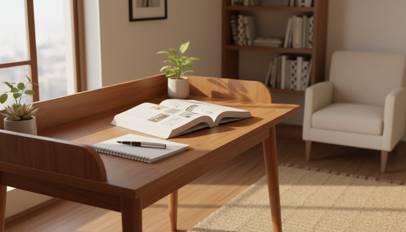 Photo Idea : Student desk with an open ISC textbook, notebook, and a pen, warm natural light