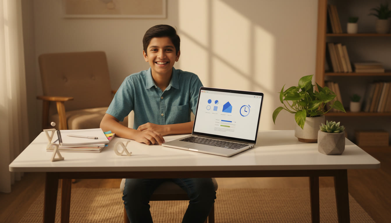 Photo Idea : A student at a tidy desk with a laptop showing a mock test screen, a timer and neatly arranged notes