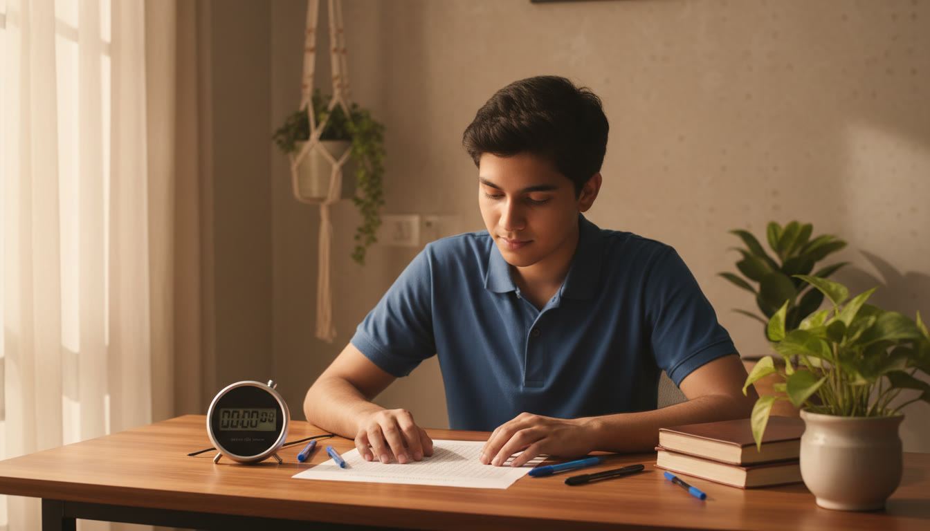 Photo Idea : Student at a desk with stopwatch and OMR sheet, pens, and a calm expression