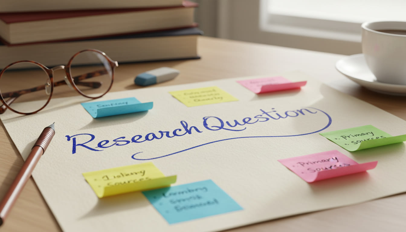 Photo Idea : close-up of a handwritten research question and sticky notes listing primary sources