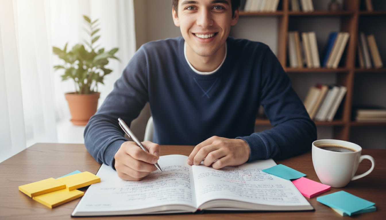 Photo Idea : Student at a desk with open notebook, sticky notes labeled 