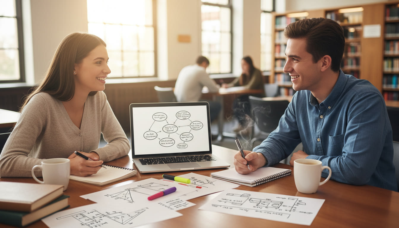 Photo Idea : Two students rehearsing an academic interview at a table with notes and a laptop