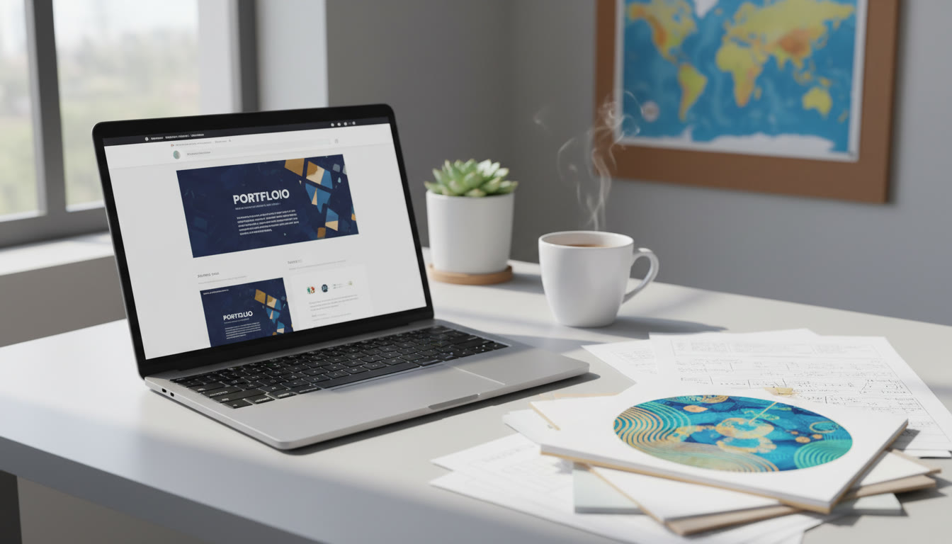 Photo Idea : A clean desktop with a laptop showing a portfolio website and printed notes beside it