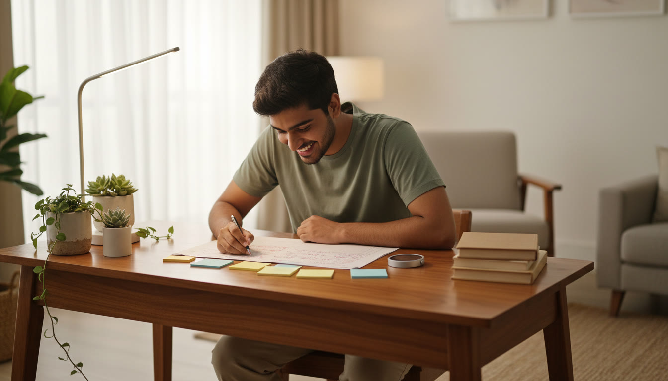 Photo Idea : Student at a desk reviewing a marked mock test with colored sticky notes and a stopwatch
