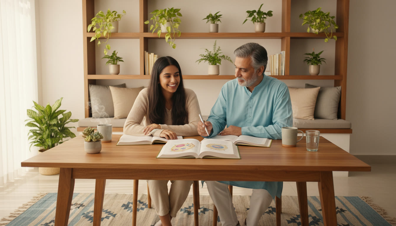Photo Idea : student and tutor at a table, open biology textbook with a large cell diagram, tutor pointing with pen