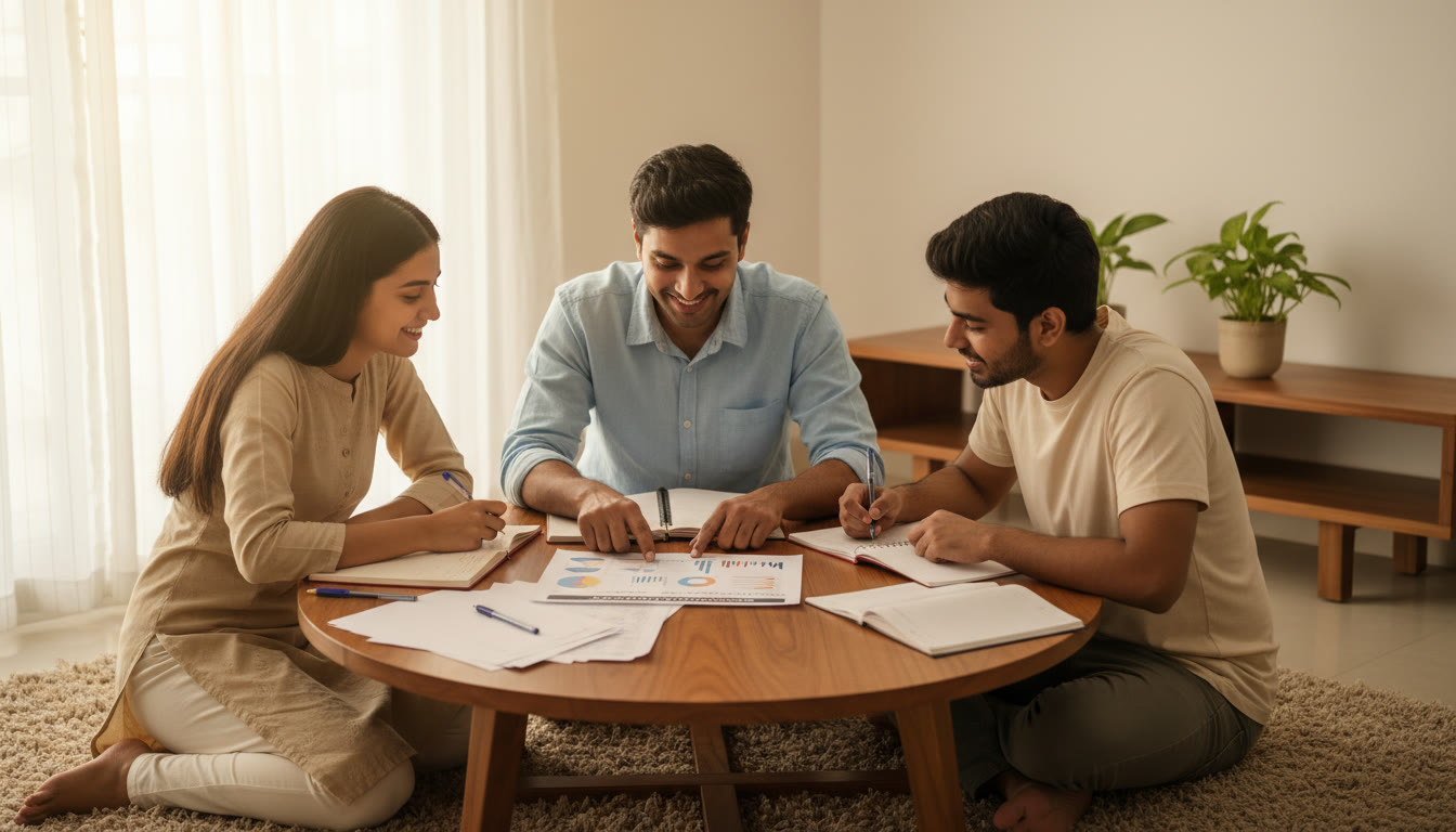 Photo Idea : a small group study scene where students compare notes and analyze a mock test report