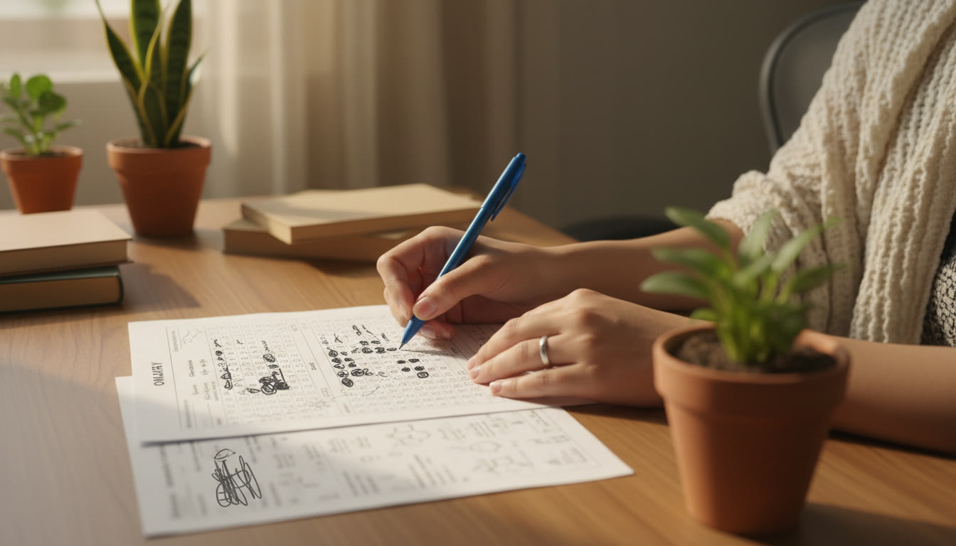Photo Idea : Close-up of hands filling an OMR sheet with a pen, with a chemistry question paper visible