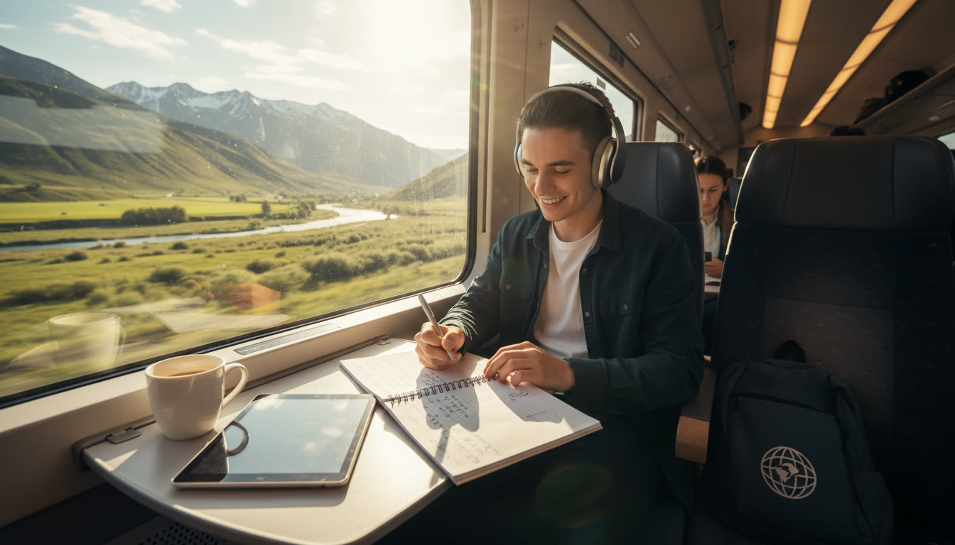 Photo Idea : A student with headphones and a notebook, sitting on a train, sunlight through the window