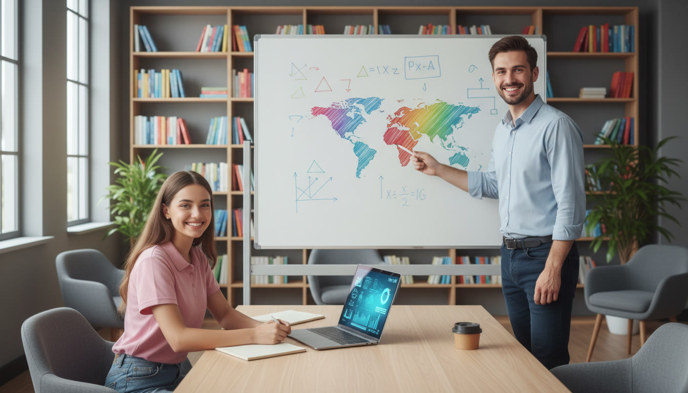 Photo Idea : Student receiving one-on-one tutoring with a tutor pointing at a whiteboard and a laptop nearby