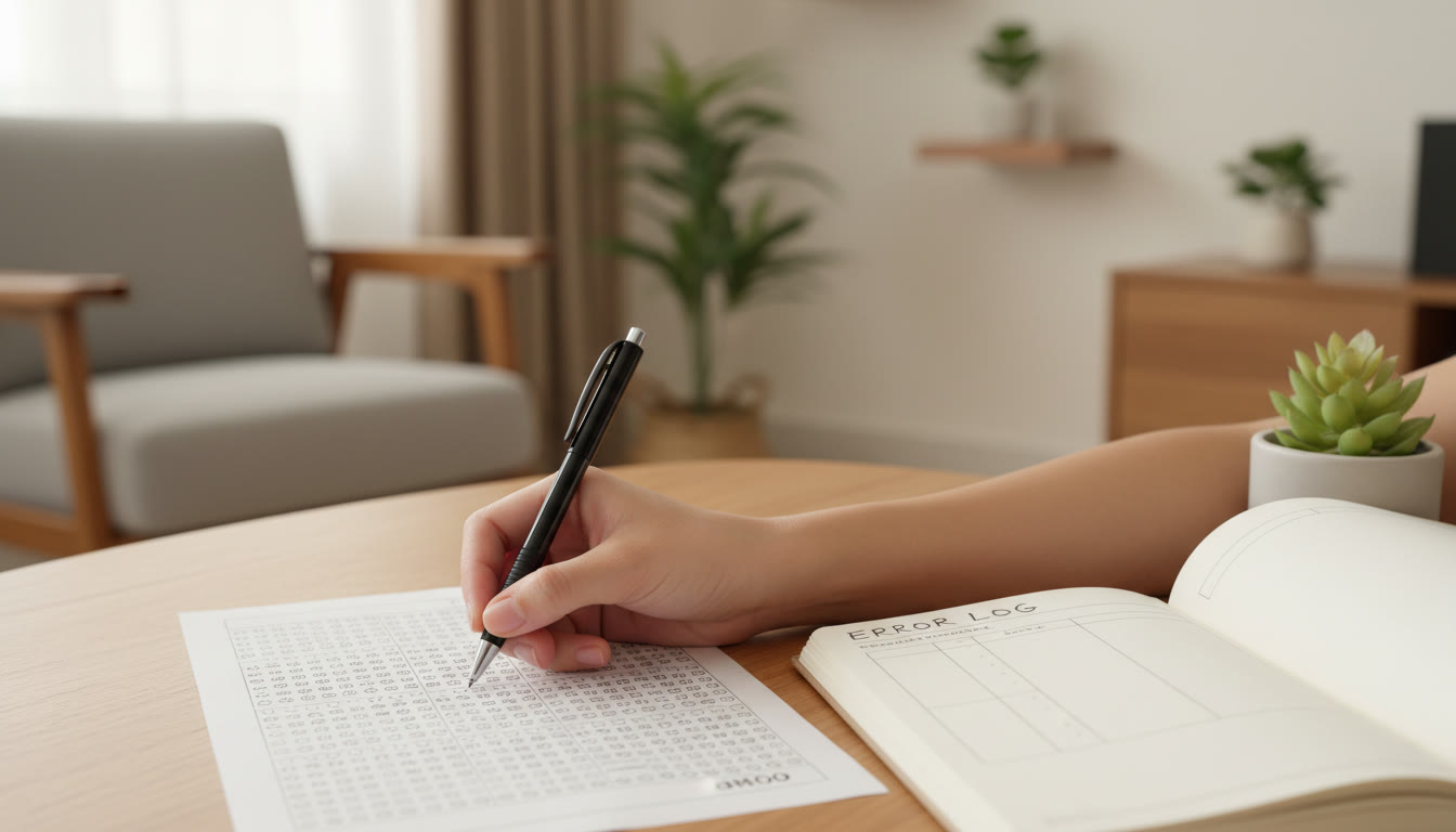 Photo Idea : Close-up of a student’s hand marking an OMR sheet carefully with a neat error-log notebook beside it