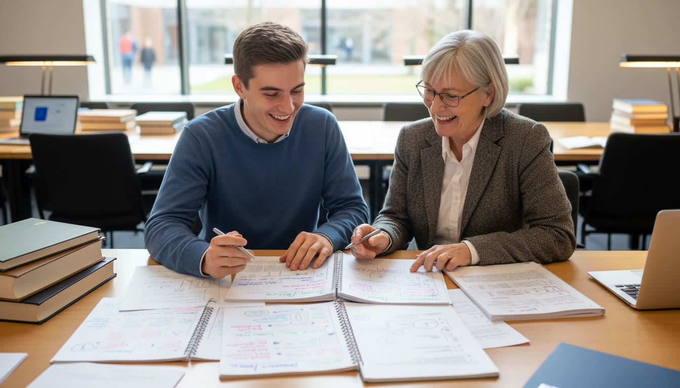 Photo Idea : Student and supervisor sitting side-by-side at a desk, reviewing annotated pages of a draft