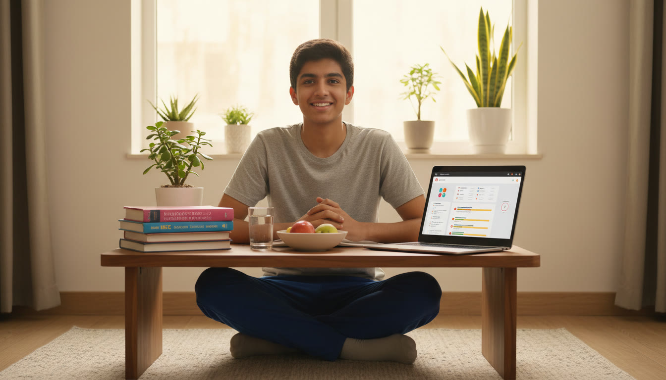 Photo Idea : A focused student at a desk with ISC textbooks on one side and a laptop showing an online mock test on the other
