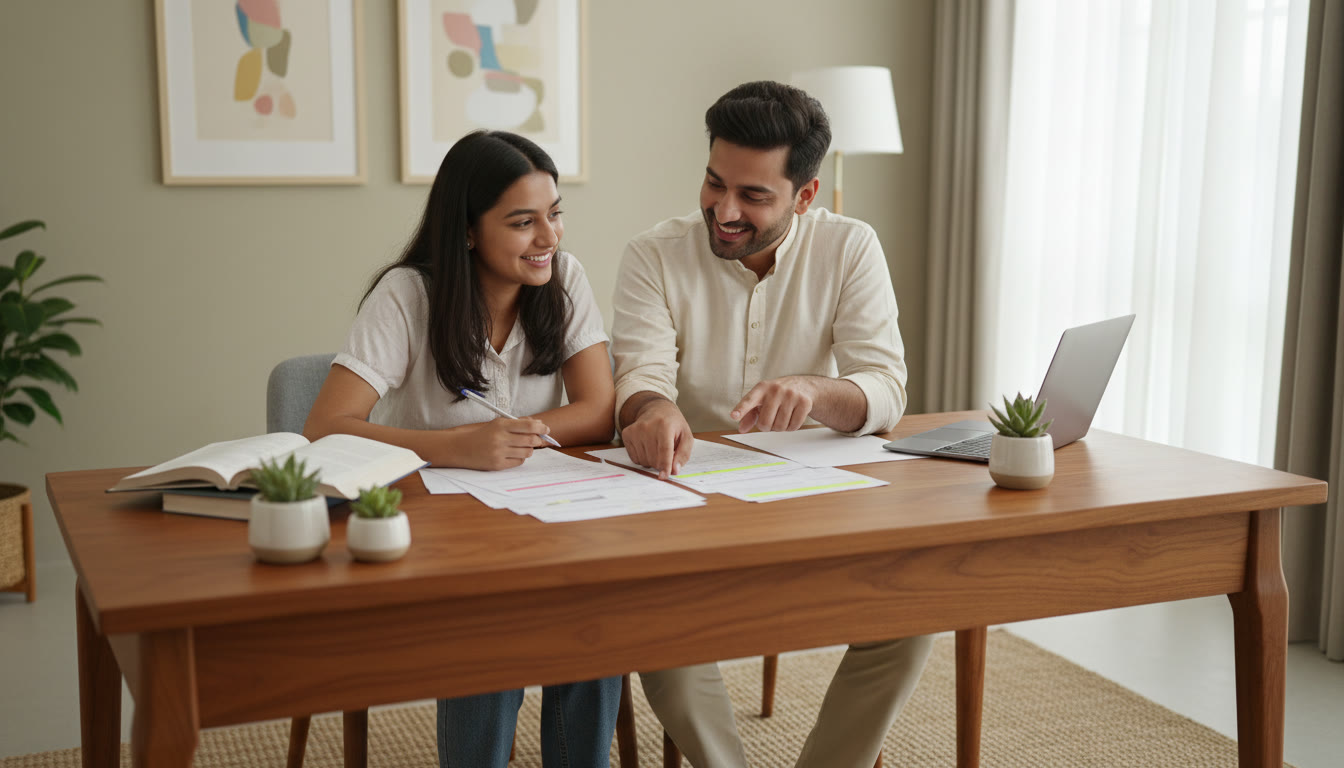 Photo Idea : Student and tutor reviewing marked answer sheets together, pointing at highlighted corrections