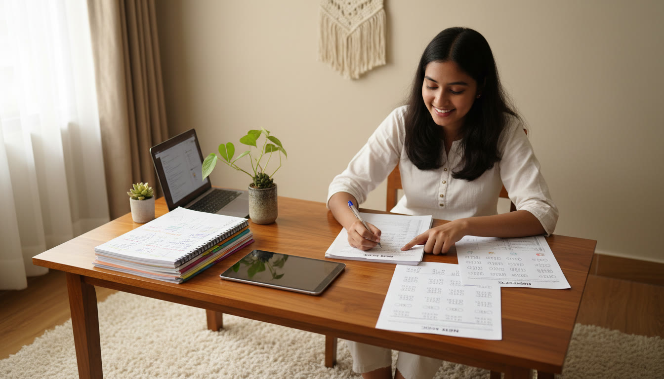Photo Idea : A student comparing ICSE notes and NEET MCQ practice sheets on a study table