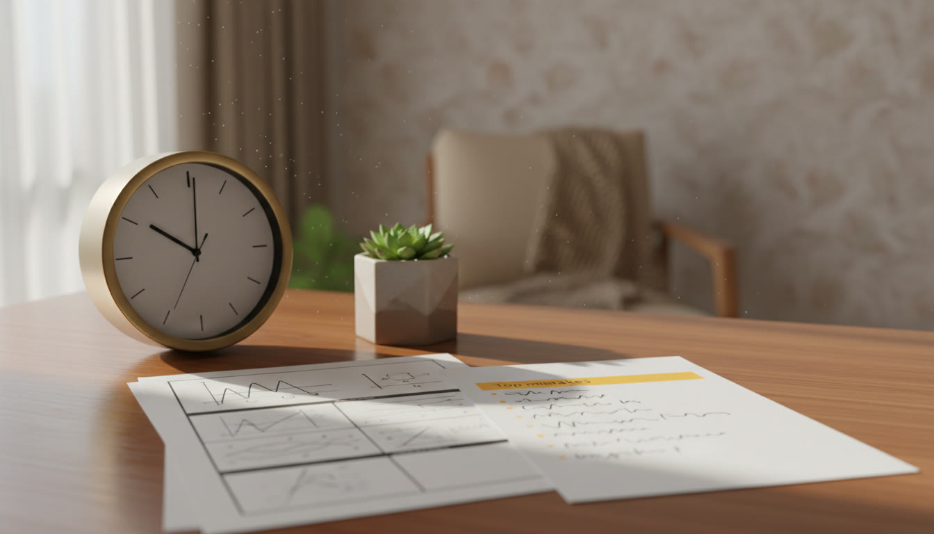 Photo Idea : Close-up of a clock next to a mock test paper and a highlighted list of 