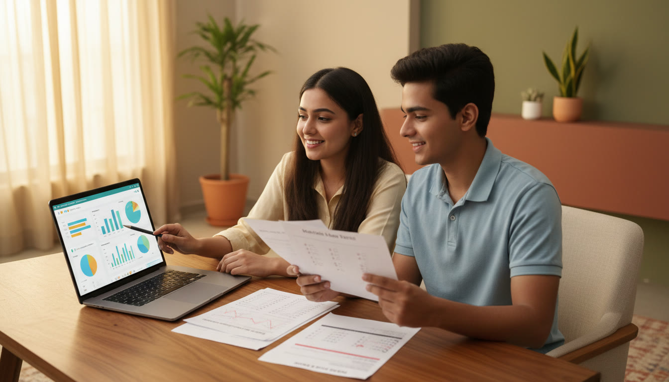 Photo Idea : A tutor and a student reviewing a performance dashboard on a laptop with printed mock test papers