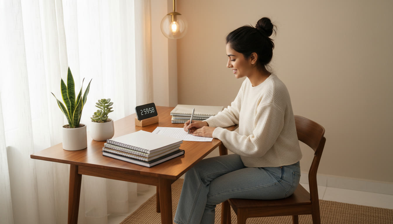 Photo Idea : A focused student at a desk with neatly organized notebooks, a mock OMR sheet, and a timer on a phone set for three hours