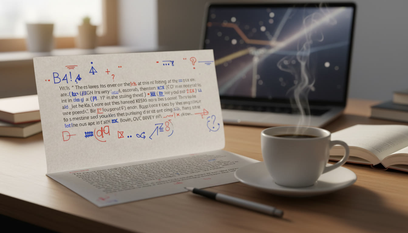 Photo Idea : Close-up of a printed EE paragraph with handwritten margin notes and coffee cup