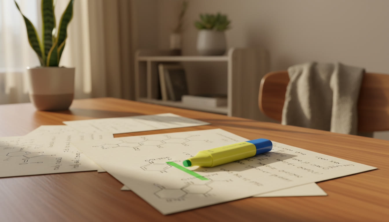 Photo Idea : Close-up of handwritten formula cards and a highlighter on a desk