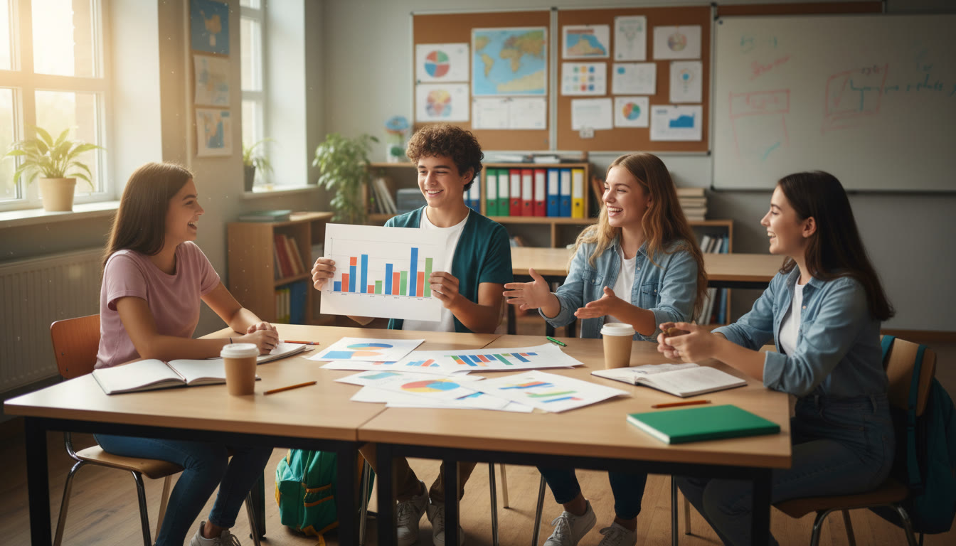Photo Idea : A small group of students rehearsing a pitch in a bright classroom, with printed slides and notes visible
