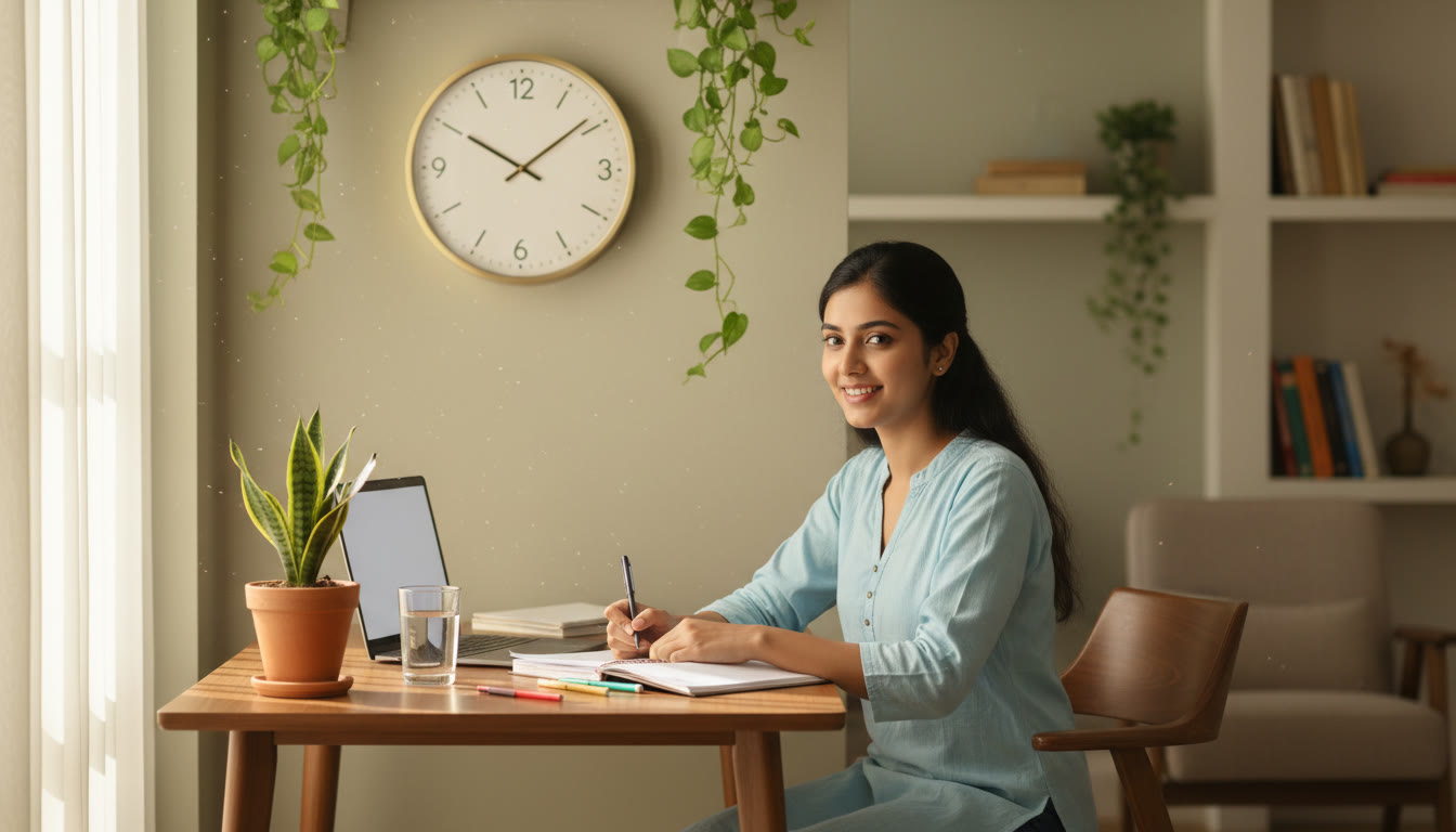 Photo Idea : Student at a desk practicing a timed sample paper with a clock visible